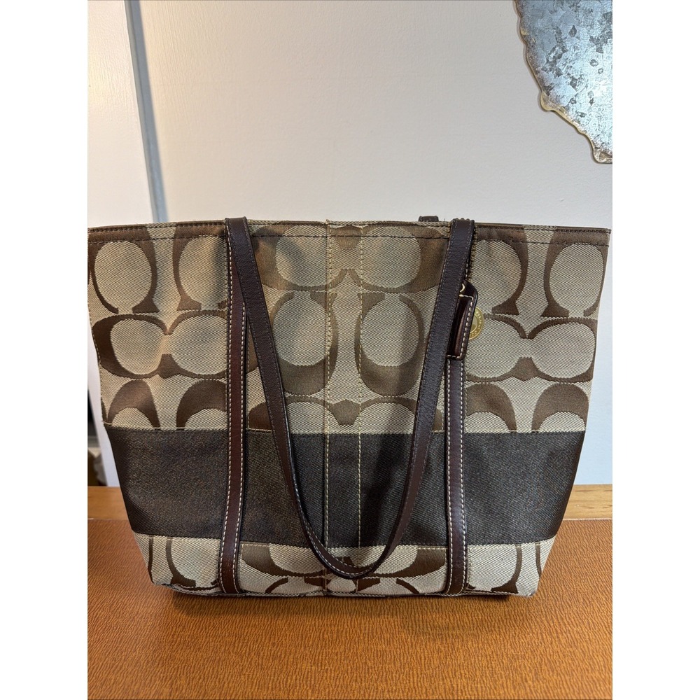 Coach 2 Tone Brown Signature Canvas and Leather Tote 9.5" Tall 10" Long